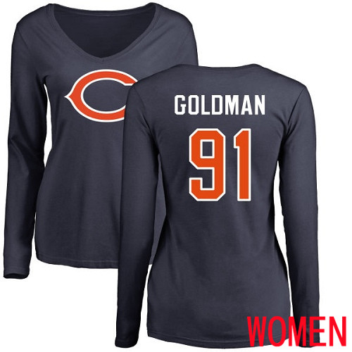 Chicago Bears Navy Blue Women Eddie Goldman Name and Number Logo NFL Football #91 Long Sleeve T Shirt